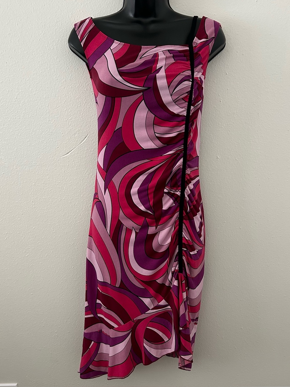 VTG Y2K 90s Guess Asymmetric Dress XS Purple Pink Swirl Print Ruched Ruffle Hem